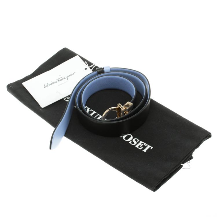 Pre Owned Salvatore Ferragamo Sky Blue/Black Leather Reversible Single Gancini Belt 85 CM