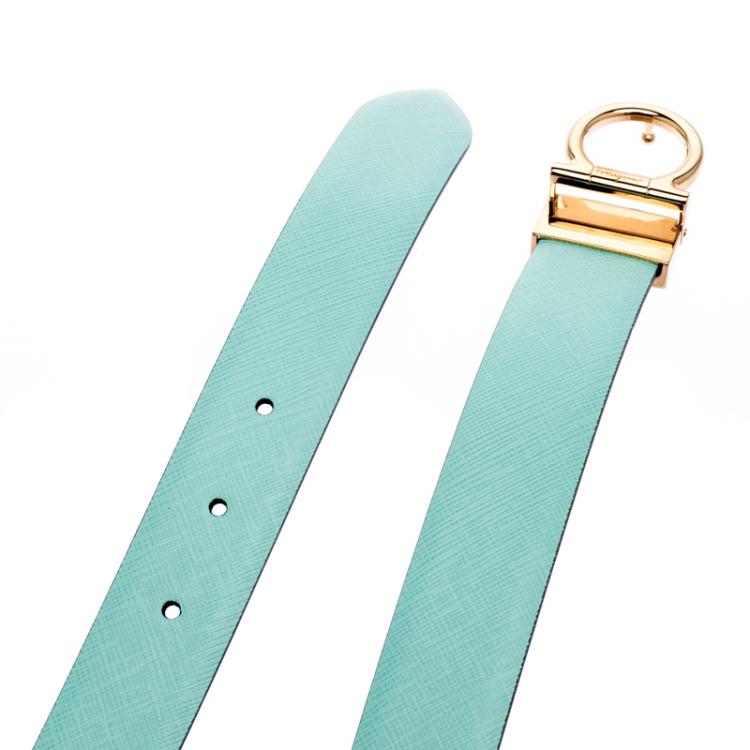 Pre Owned Salvatore Ferragamo Mint Green/Black Leather Reversible Single Gancini Belt 100 CM