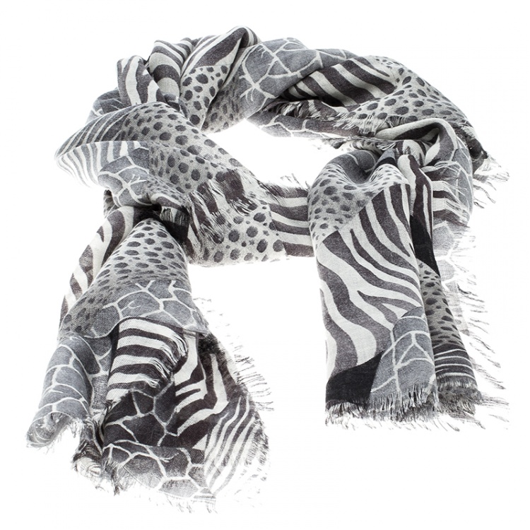 Pre Owned Salvatore Ferragamo Monochrome Animal Pattern Silk Cashmere Frayed Trim Scarf