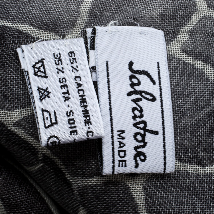 Pre Owned Salvatore Ferragamo Monochrome Animal Pattern Silk Cashmere Frayed Trim Scarf