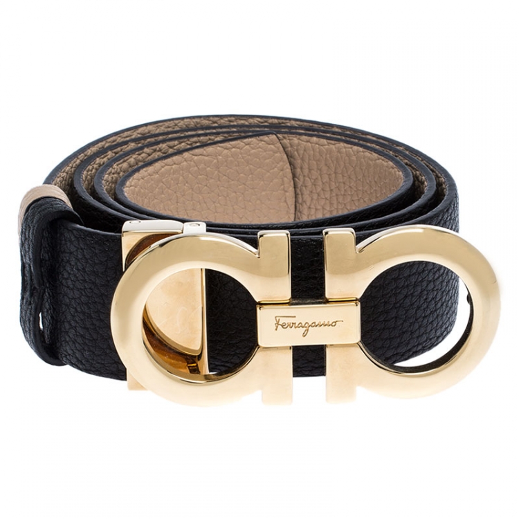 Pre Owned Salvatore Ferragamo Black Leather New Bisque Belt 85CM