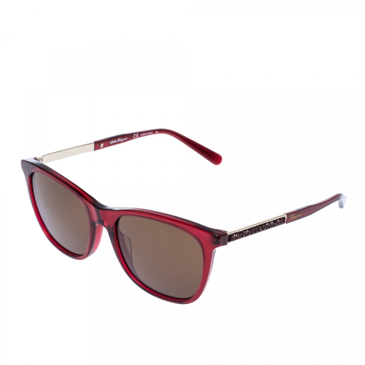 مملوكة مسبقًا Salvatore Ferragamo Dark Red SF888SR Beads Embellished Sunglasses