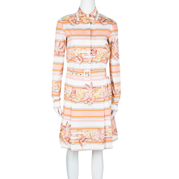 Pre Owned Salvatore Ferragamo Multicolor Printed Cotton Belted Long Sleeve Shirt Dress S