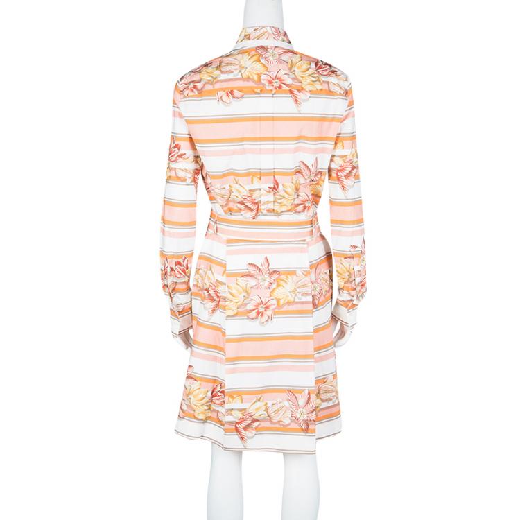 Pre Owned Salvatore Ferragamo Multicolor Printed Cotton Belted Long Sleeve Shirt Dress S
