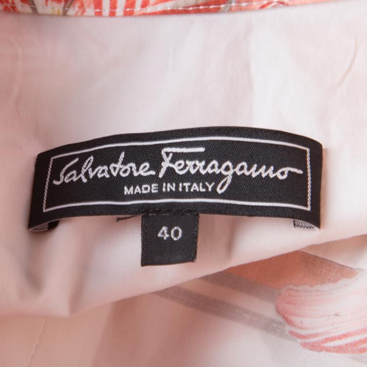 Pre Owned Salvatore Ferragamo Multicolor Printed Cotton Belted Long Sleeve Shirt Dress S