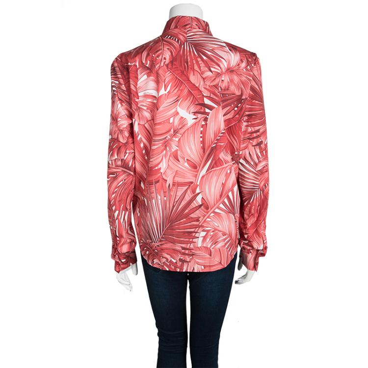 Pre Owned Salvatore Ferragamo Red Leaf Printed Cotton Long Sleeve Shirt L