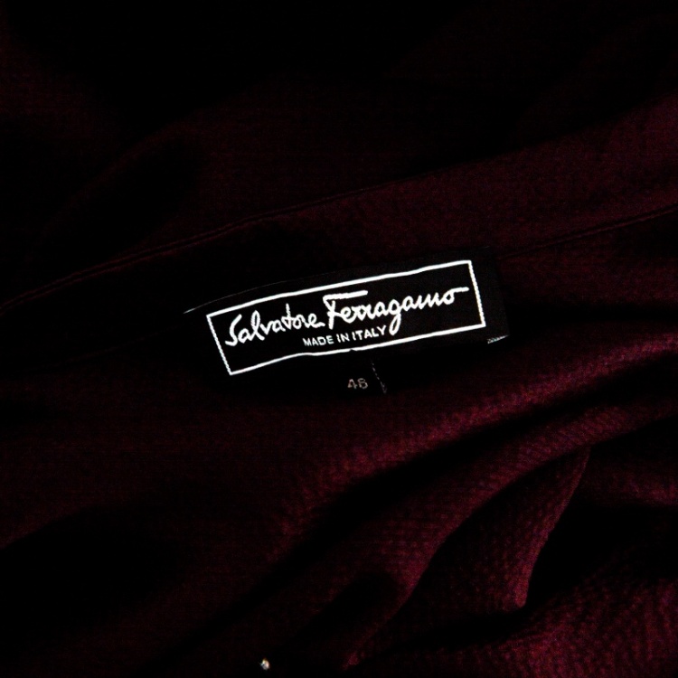 Pre Owned Salvatore Ferragamo Burgundy Textured Silk Long Sleeve Shirt L