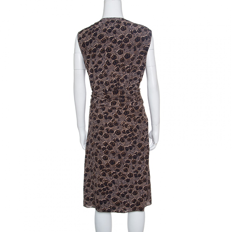 Pre Owned Salvatore Ferragamo Peacock Feather Printed Silk Draped Sleeveless Dress L