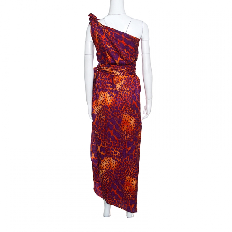 Pre Owned Salvatore Ferragamo Clementine Animal Printed Silk One Shoulder Dress M