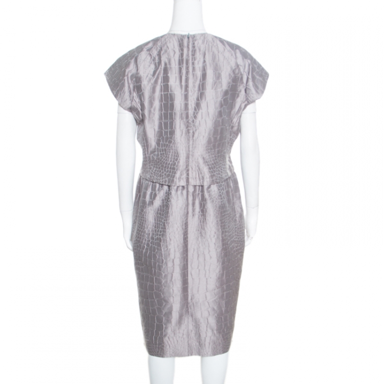 Pre Owned Salvatore Ferragamo Grey Snakeskin Patterned Cotton Jacquard Sheath Dress L