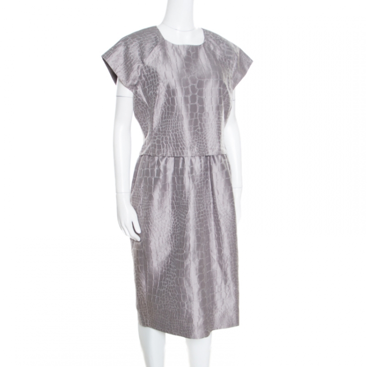 Pre Owned Salvatore Ferragamo Grey Snakeskin Patterned Cotton Jacquard Sheath Dress L