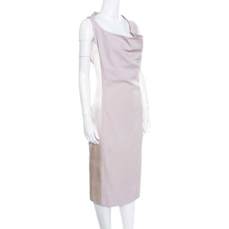 Pre Owned Salvatore Ferragamo Beige Wool and Cotton Paneled Twist Front Detail Shift Dress L