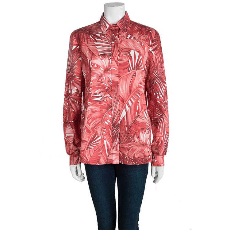 Pre Owned Salvatore Ferragamo Red Leaf Printed Cotton Long Sleeve Shirt  M