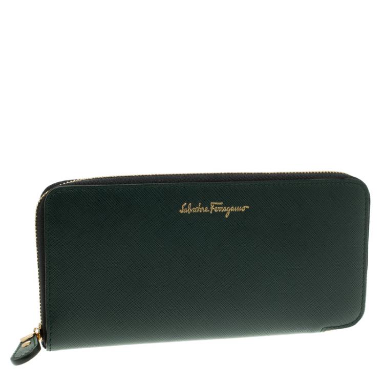 Pre Owned Salvatore Ferragamo Dark Green Leather Zip Around Wallet