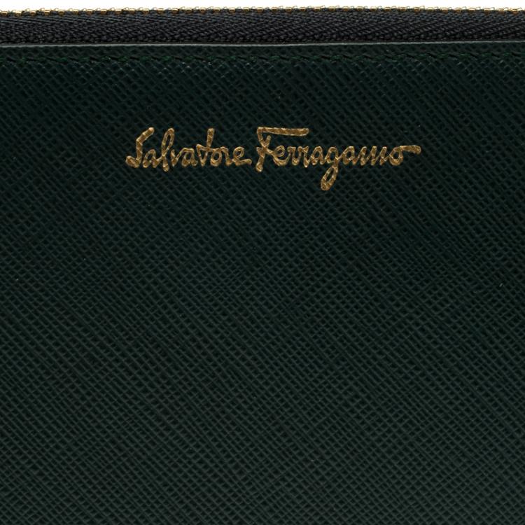 Pre Owned Salvatore Ferragamo Dark Green Leather Zip Around Wallet
