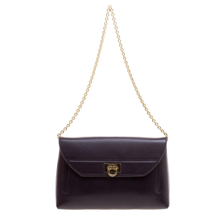 Pre Owned Salvatore Ferragamo Purple Leather Gancio Lock Chain Clutch