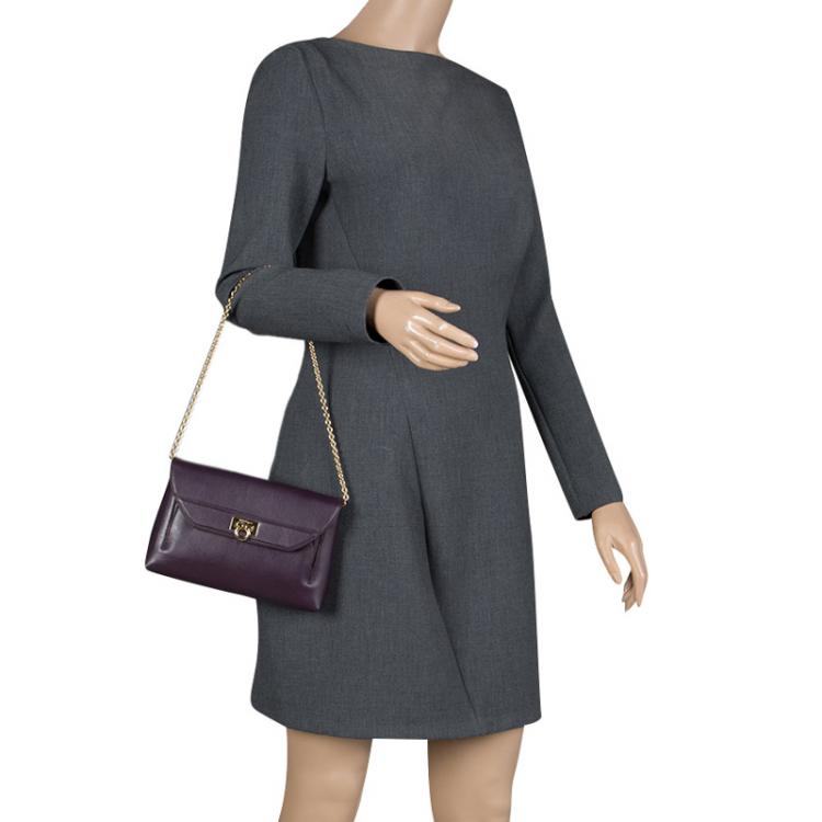 Pre Owned Salvatore Ferragamo Purple Leather Gancio Lock Chain Clutch