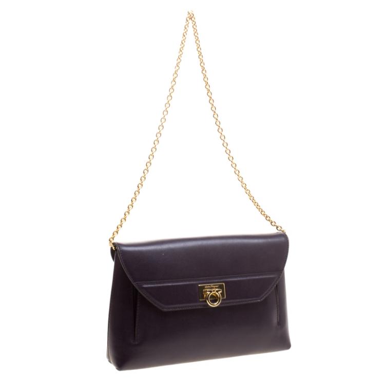 Pre Owned Salvatore Ferragamo Purple Leather Gancio Lock Chain Clutch