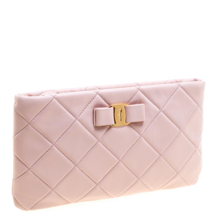 Pre Owned Salvatore Ferragamo Pink Quilted Leather Macaron Clutch
