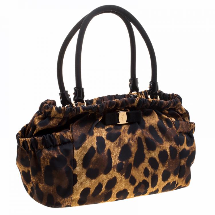 Pre Owned Salvatore Ferragamo Leopard Print Nylon Satchel