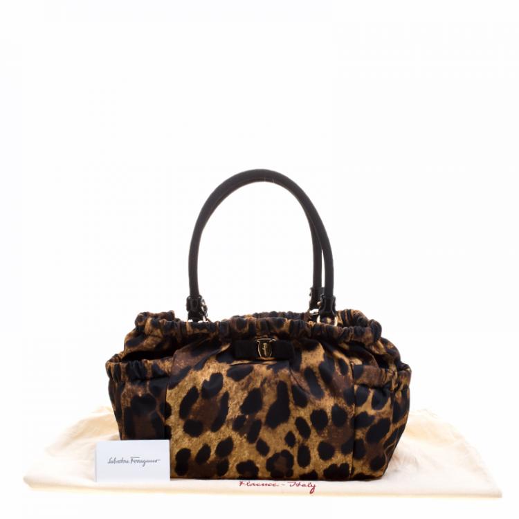 Pre Owned Salvatore Ferragamo Leopard Print Nylon Satchel
