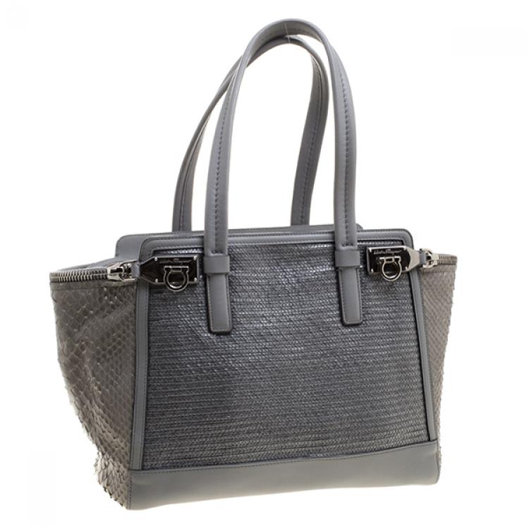 Pre Owned Salvatore Ferragamo Grey Leather/Raffia and Python Verve Zip Tote