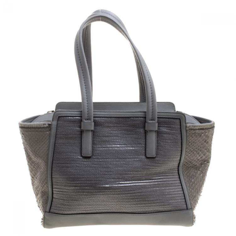 Pre Owned Salvatore Ferragamo Grey Leather/Raffia and Python Verve Zip Tote