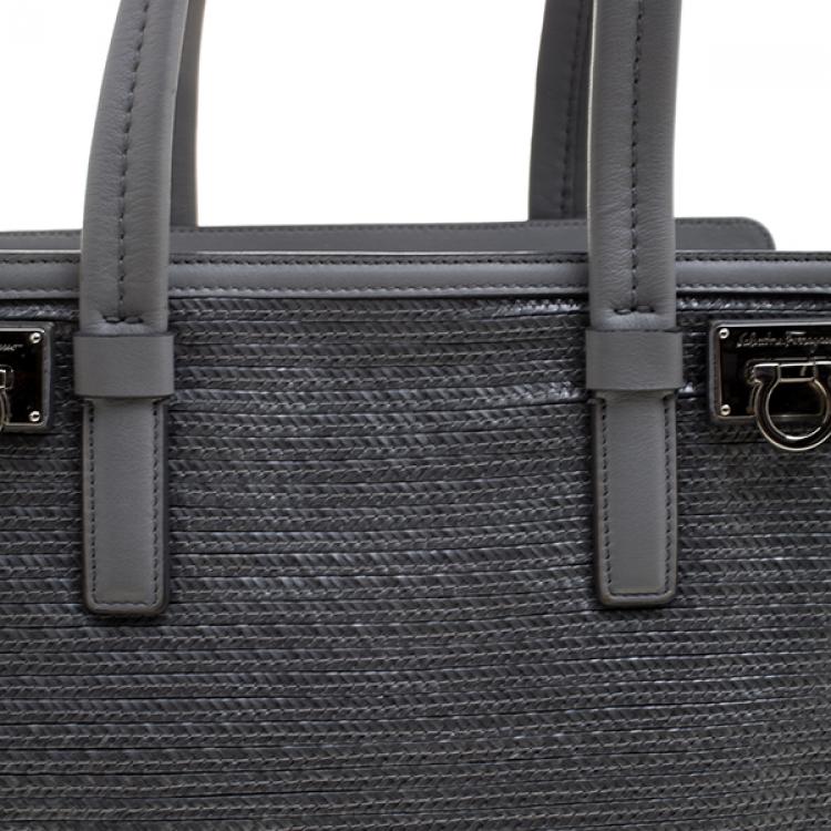 Pre Owned Salvatore Ferragamo Grey Leather/Raffia and Python Verve Zip Tote