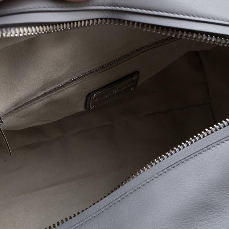 Pre Owned Salvatore Ferragamo Grey Leather/Raffia and Python Verve Zip Tote