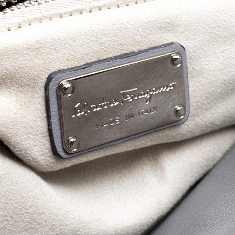 Pre Owned Salvatore Ferragamo Grey Leather/Raffia and Python Verve Zip Tote