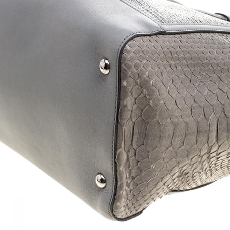 Pre Owned Salvatore Ferragamo Grey Leather/Raffia and Python Verve Zip Tote