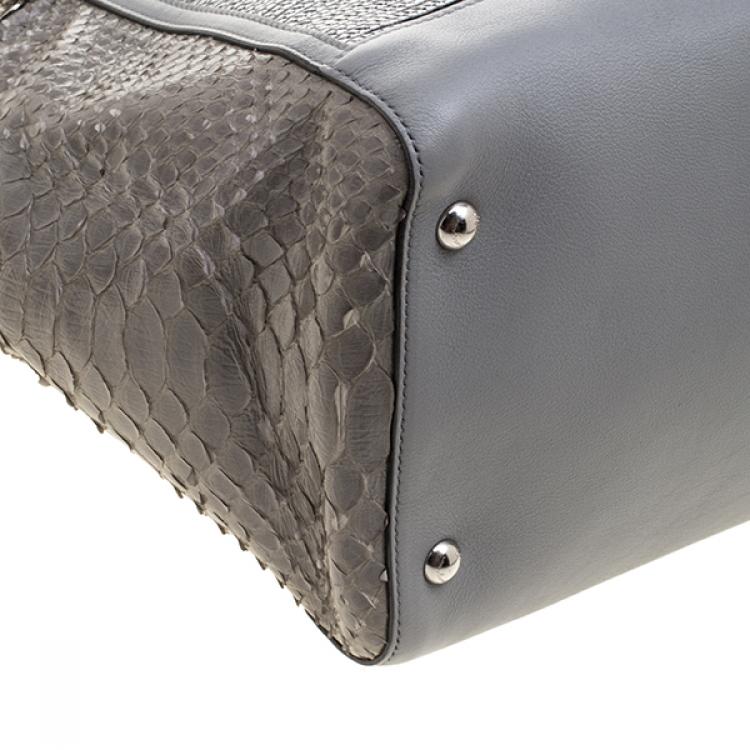 Pre Owned Salvatore Ferragamo Grey Leather/Raffia and Python Verve Zip Tote