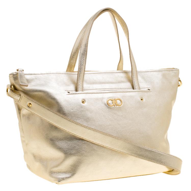 Pre Owned Salvatore Ferragamo Metallic Gold Leather Small Mika Tote