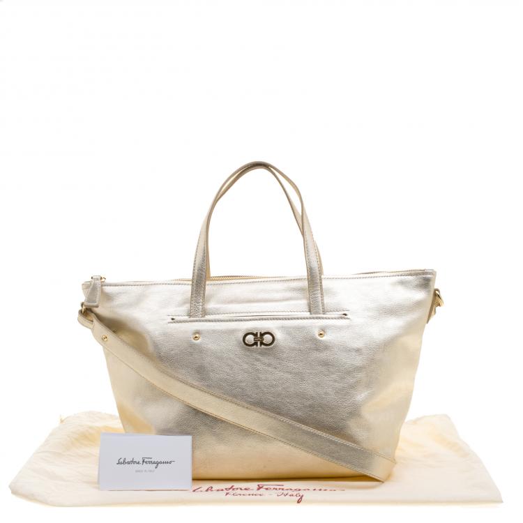 Pre Owned Salvatore Ferragamo Metallic Gold Leather Small Mika Tote
