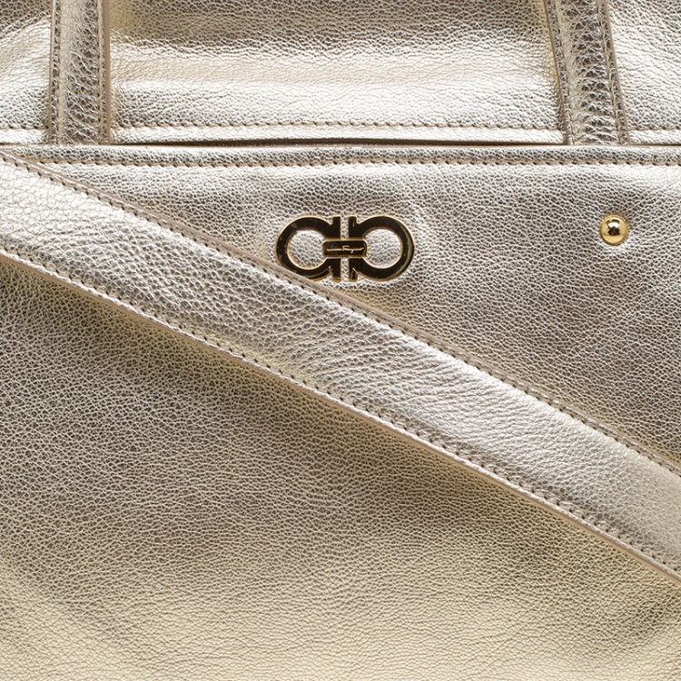 Pre Owned Salvatore Ferragamo Metallic Gold Leather Small Mika Tote