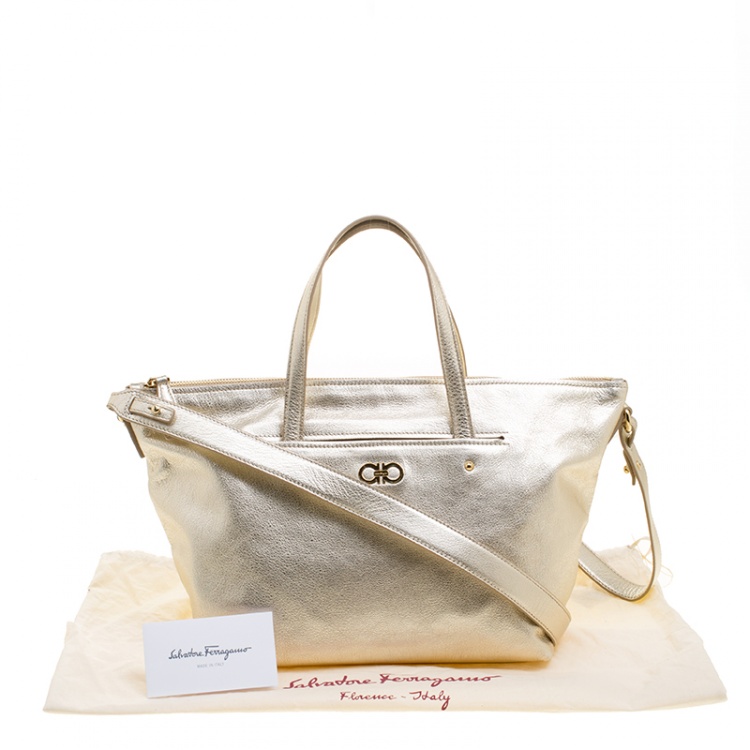 Pre Owned Salvatore Ferragamo Metallic Gold Leather Small Mika Tote