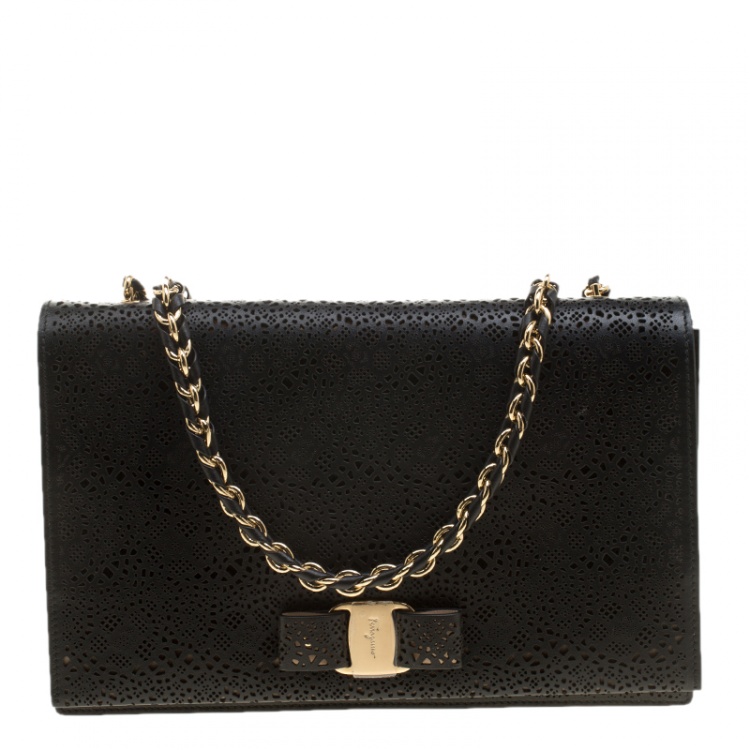 Pre Owned Salvatore Ferragamo Black Laser Cut Leather Ginny Crossbody Bag