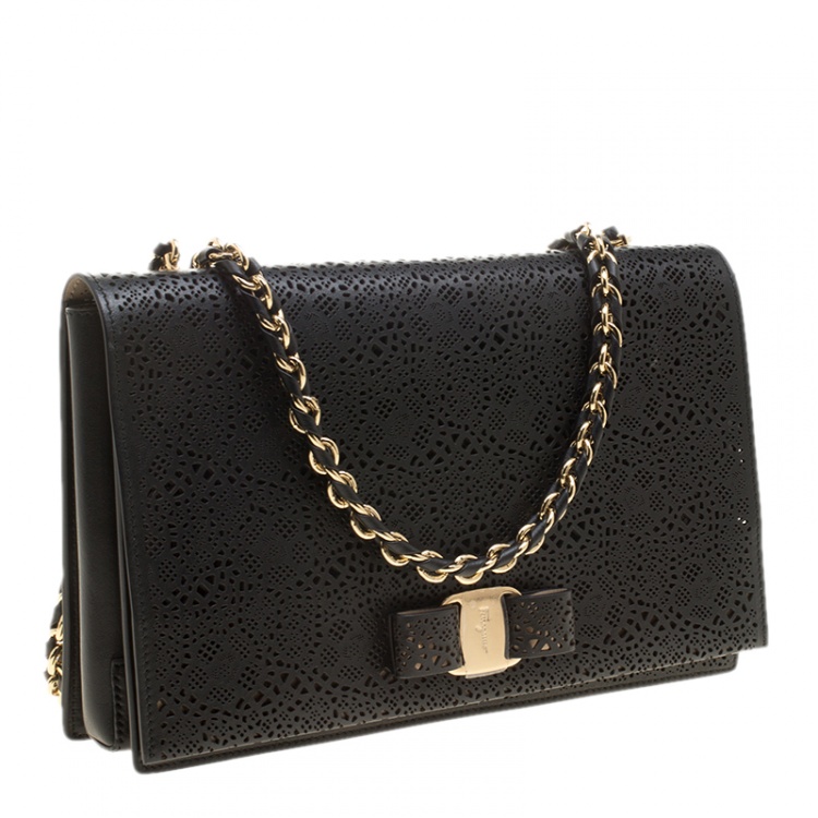 Pre Owned Salvatore Ferragamo Black Laser Cut Leather Ginny Crossbody Bag