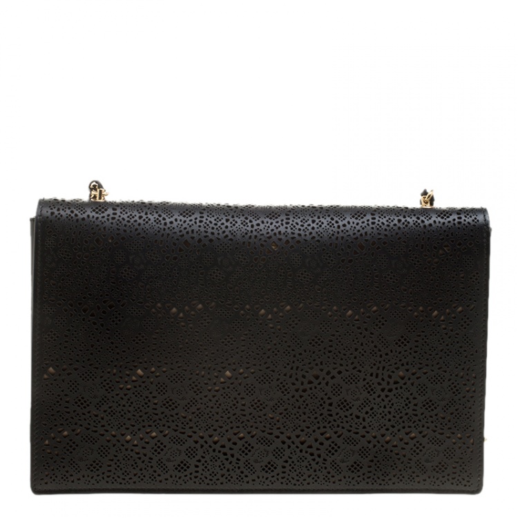 Pre Owned Salvatore Ferragamo Black Laser Cut Leather Ginny Crossbody Bag