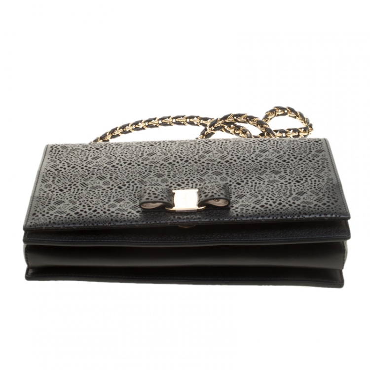 Pre Owned Salvatore Ferragamo Black Laser Cut Leather Ginny Crossbody Bag