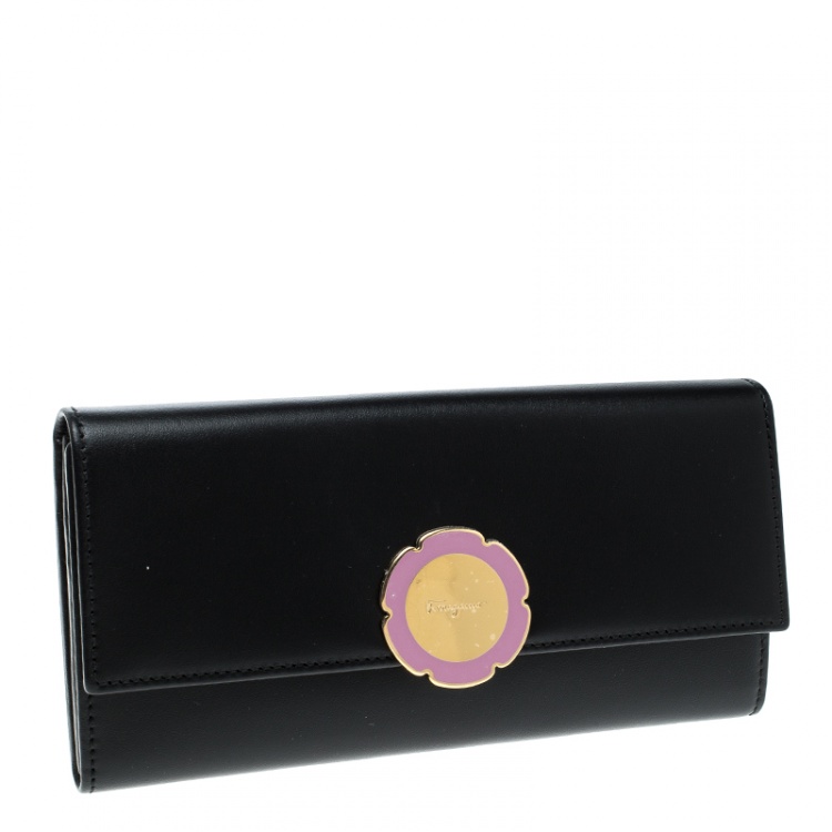 Pre Owned Salvatore Ferragamo Black Leather Flower Lock Continental Wallet
