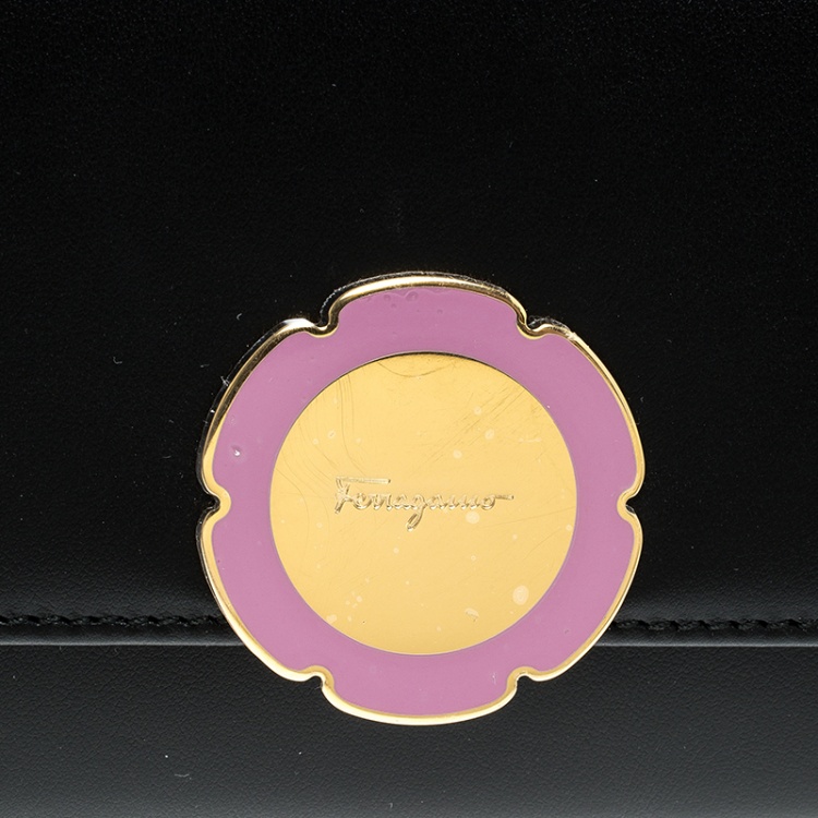 Pre Owned Salvatore Ferragamo Black Leather Flower Lock Continental Wallet