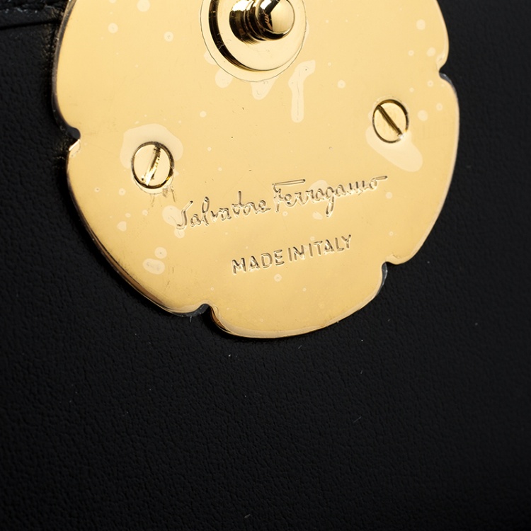Pre Owned Salvatore Ferragamo Black Leather Flower Lock Continental Wallet