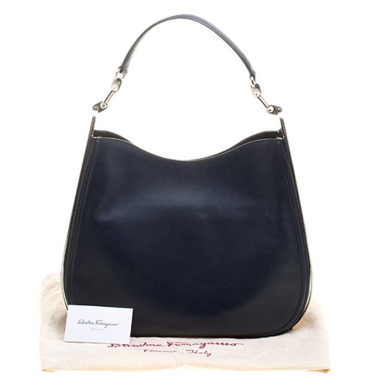 Pre Owned Salvatore Ferragamo Navy Blue Leather Hobo