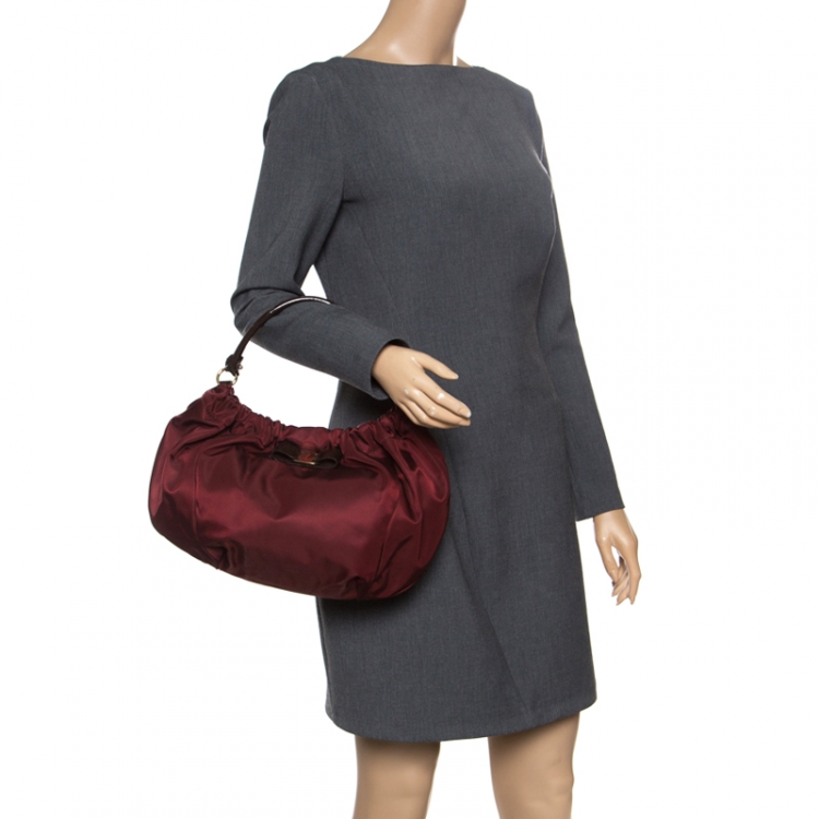 Pre Owned Salvatore Ferragamo Maroon Nylon Hobo