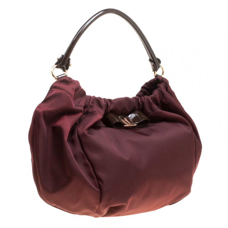 Pre Owned Salvatore Ferragamo Maroon Nylon Hobo