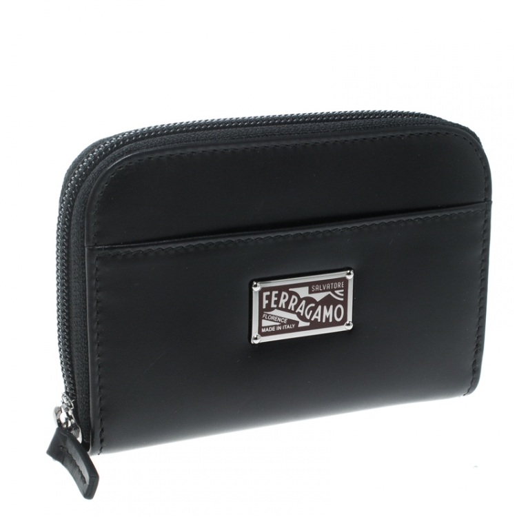 Pre Owned Salvatore Ferragamo Black Leather Logo Plaque Zip Around Wallet