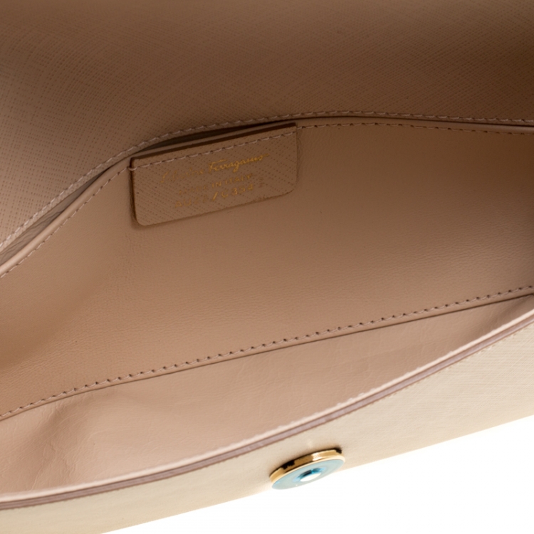 Pre Owned Salvatore Ferragamo Beige Leather Bow Ginny Long Clutch