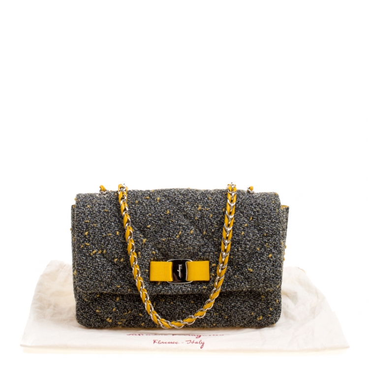 Pre Owned Salvatore Ferragamo Grey Quilted Tweed Gelly Shoulder Bag
