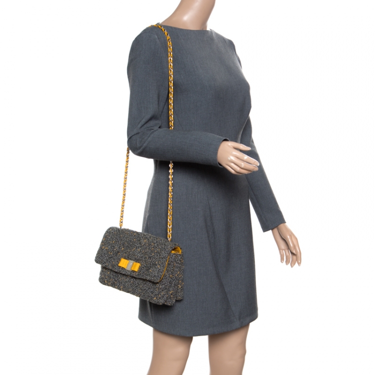 Pre Owned Salvatore Ferragamo Grey Quilted Tweed Gelly Shoulder Bag